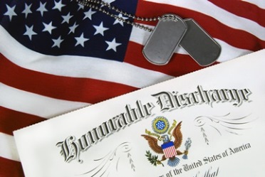 Honorable Disharge Certificate, dog tags and U.S. Flag